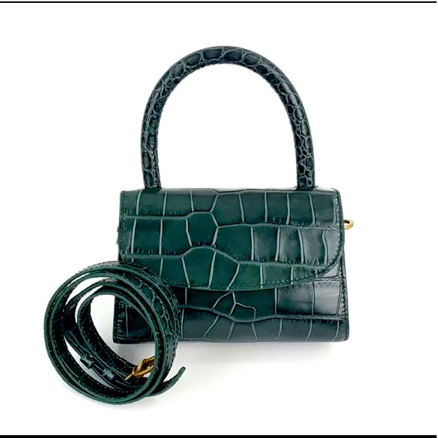 By Far Mini Dark Green Croco Embossed Leather Crossbody Top Handle Bag